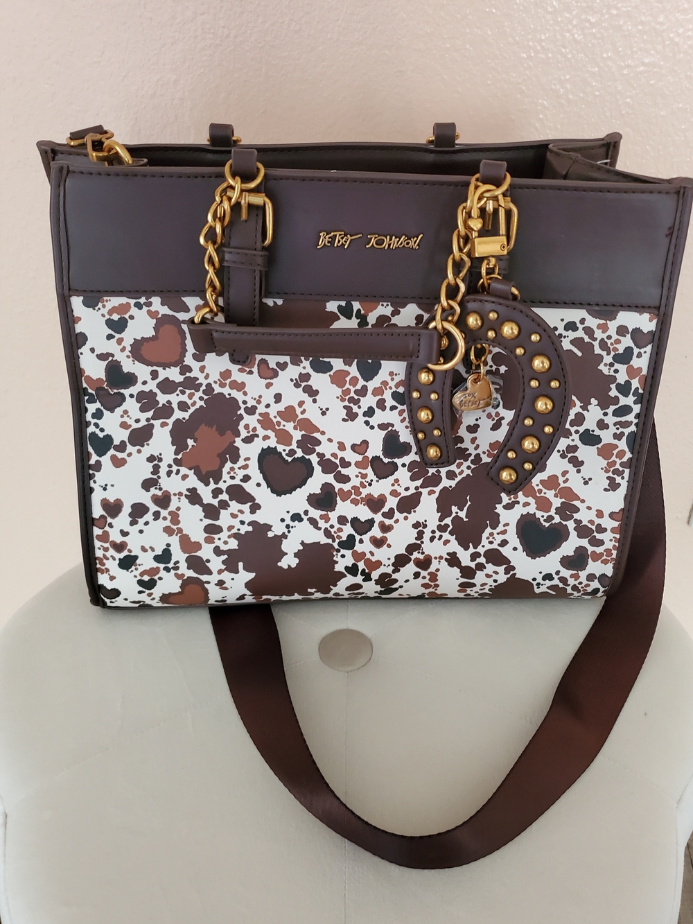 Betsey Johnson Brown, White & Black Heart Print Tote with Gold Hardware NWOT